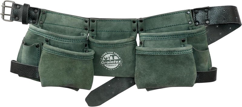 Graintex DS2415 :: 9 Pocket Children Tool Belt Hunter Green Color Suede Leather, Kids Real Tool Belt, Boys and Girls Tool Apron for Home Improvement, 1.1/2" Leather Belt, Hammer Loops - Image 1